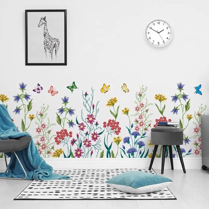 12x70 Inch Set - Flower Plants Butterflies Wall Stickers for Wall Decor, Self Adhesive Vinyl for Home Wall Nursery and Kitchen Decor-Gift for Christmas, Birthday (Floral Design #3)