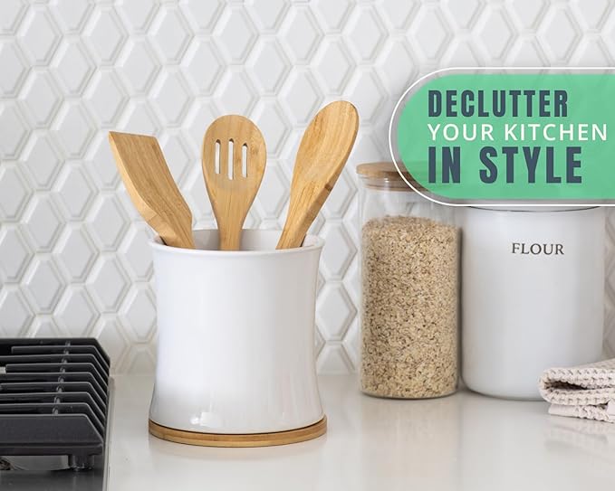 Comfify Large Ceramic Kitchen Utensil Holder with Bamboo Base - Modern Utensil Crock for Countertop Organization - Kitchen Counter Organizer for Cooking Tools, Spatulas, Spoons & More - White Ceramic