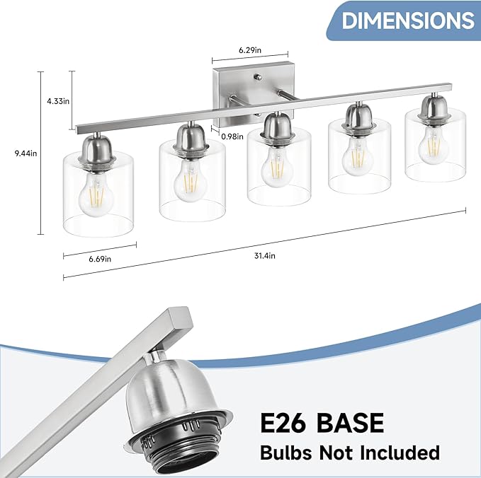 Bathroom Light Fixtures Brushed Nickel, 5 Light Bathroom Vanity Light Over Mirror, Vanity Lights with Clear Glass, E26 Socket