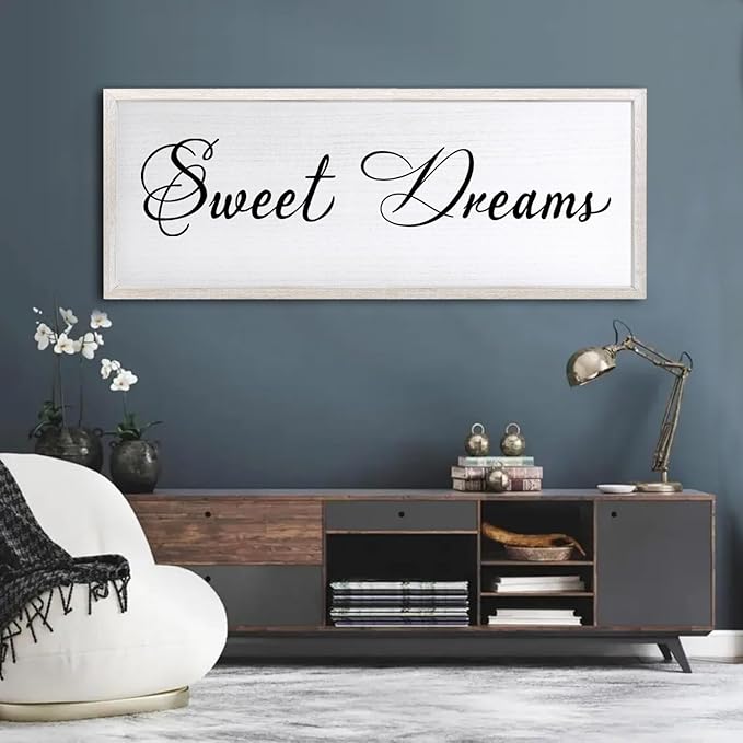 Sweet Dreams Wall Decor Above Bed 32x12 Inch Large Master Bedroom Hanging Wood Rustic Framed Farmhouse Sweet Dreams Sign Guest Room Aesthetic And Minimalist Over Bed Wall Art(White)