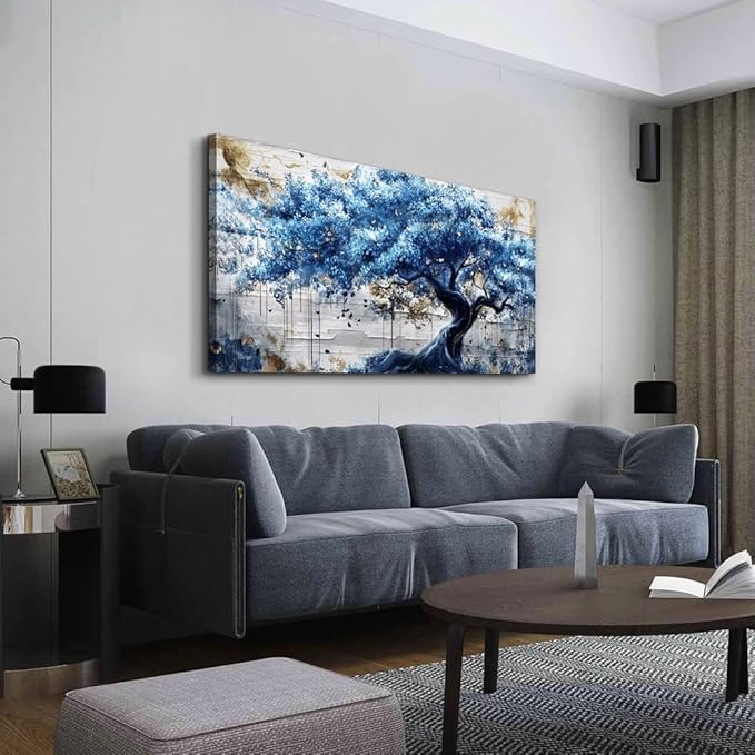 ERQINHUA Canvas Wall Art For Living Room Large Wall Decor For Bedroom Office Decor Blue Tree Wall Paintings Farmhouse Abstract Watercolour Pictures Artwork Home Decor Ready To Hang Posters 24"X48"