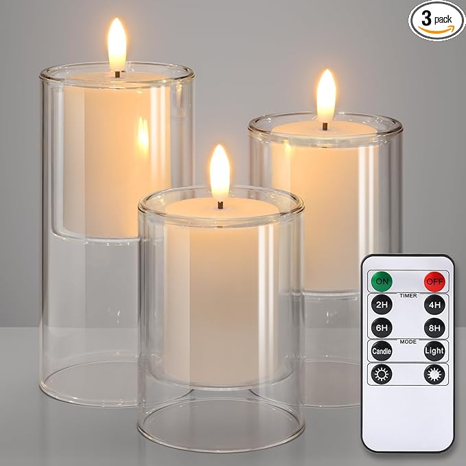 NURADA Flameless Candles with Remote Timer - Glass Real Wax 3D Wick LED Pillar Votive Candle Set Battery Operated Flickering Light for Home Christmas Decoration - White 3 Pack