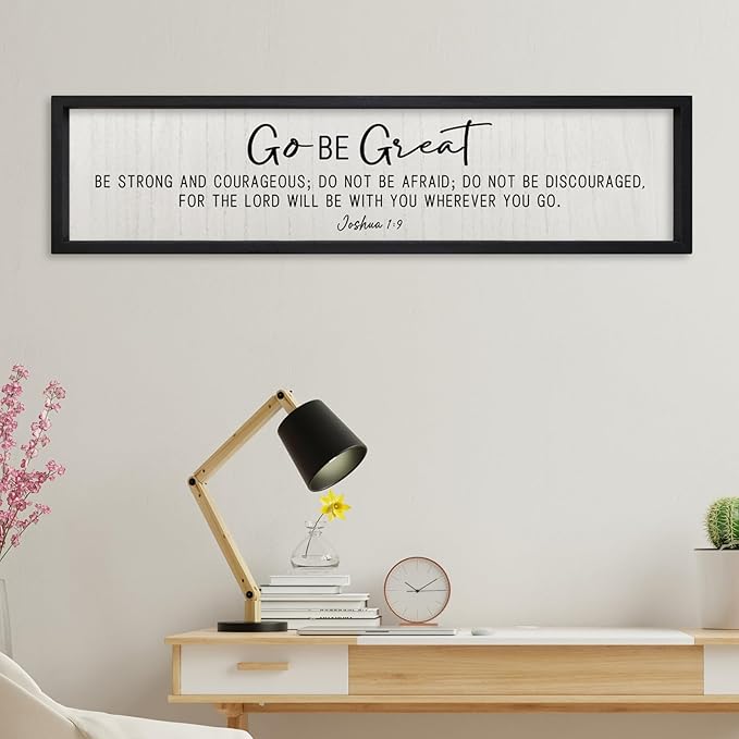 ZZJJHYWGQ Bible Verse Wall Decor Joshua 1:9 Sign 32"×8" Scripture Go Be Great Inspirational Quotes Rustic Christian Plaque Wood Framed Faith Farmhouse Catholic Living Room Wall Art Hanging (Black)