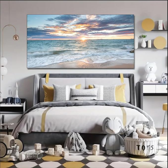 Yxbhhym-Large Coastal Wall Decor Beach Sunset Wall Art Ocean Room Decor Picture Seascape Canvas Prints Poster Waves Sea Artwork for Walls Landscape Painting Bedroom Living Room Modern Office Décor