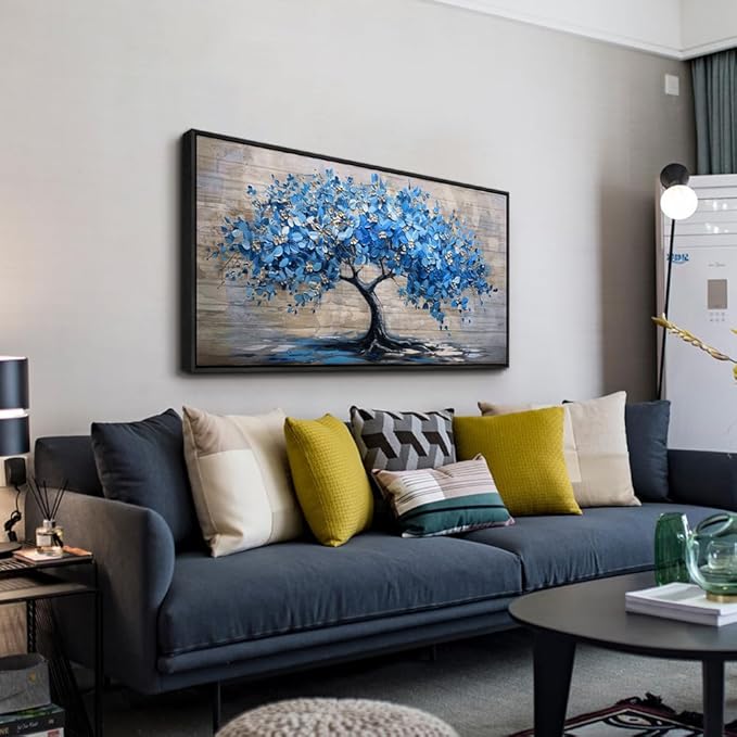 ERQINHUA Large Canvas Wall Art For Living Room Farmhouse Wall Decor For Bedroom Abstract Paintings Blue Tree Black Framed Wall Pictures Artwork Office Mural To Hang Dormitory Home Decor 20x40 In