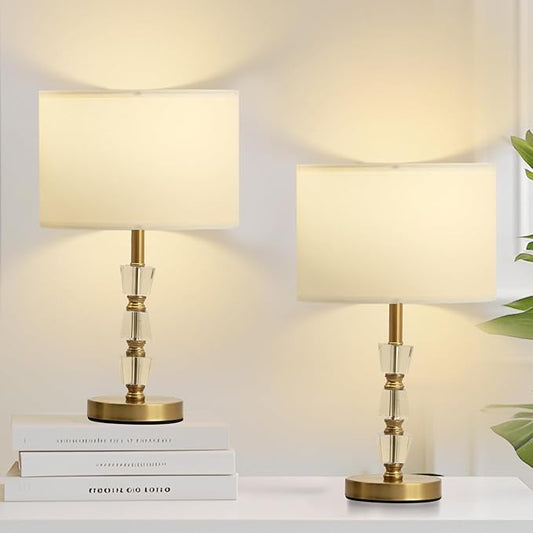 Crystal Table Lamps Set of 2, 3-Color Dimmable Gold Bedside Lamp for Living Room/Bedroom/Entryway and Other Rooms, Led Bulb Included