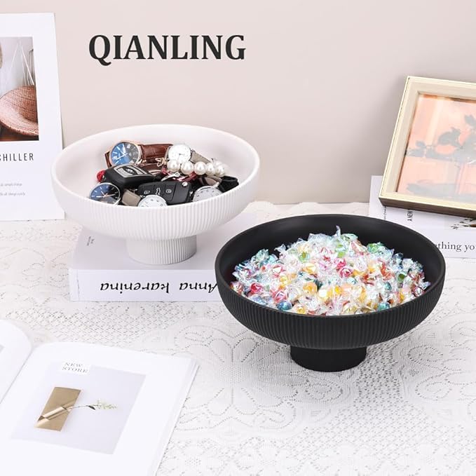 QIANLING Modern Decorative Bowl - Ribbed White Fluted Pedestal Bowl, Multi-Functional Fruit Bowl, Key Bowl, Candy Dish, Ideal for Entryway Table, Kitchen Counter, Living Room, Coffee Table Decor