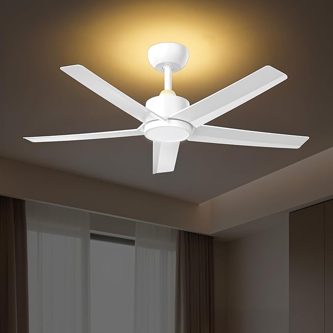 ocioc 44 Inch Ceiling Fans with Lights and Remote, White Ceiling Fan with Backlight, Reversible Airflow, Quiet DC Motor, 3000-6500K Dimmable LED, 6 Speeds Modern Ceiling Fan for Bedroom,Living Room