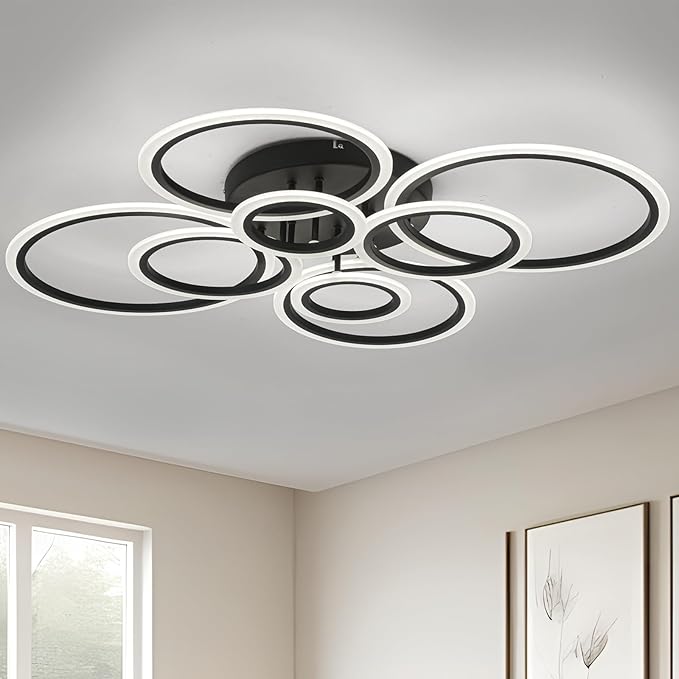 Modern LED Ceiling Light, Black 8 Rings Flush Mount Ceiling Light, 4000K Lighting Fixture Ceiling Lamp for Kitchen, Bedroom, Living Room, Dining Room