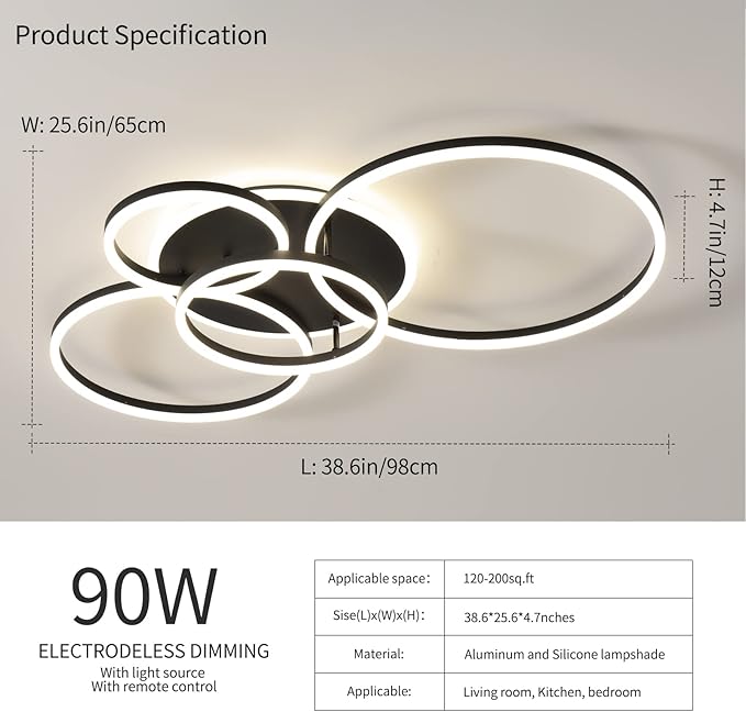 Modern LED Ceiling Light 90W Dimmable Ceiling Light Fixture with Remote Control 5 Rings Flush Mount Ceiling Light Black Acrylic Chandelier LED for Living Room Bedroom Kitchen Light fixtures(4+1B01)