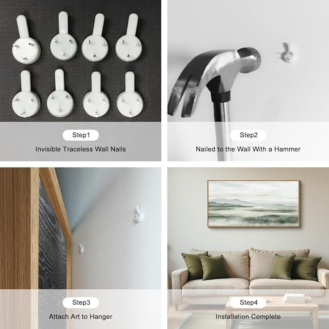 HOURIA Large Watercolor Misty Green Mountain Framed Canvas Wall Art,Neutral Brush Stroke Wall Decor,Modern Landscape Artwork,Nature Minimalist Art Print For Living Room,Bedroom,Office-20 x40 x1