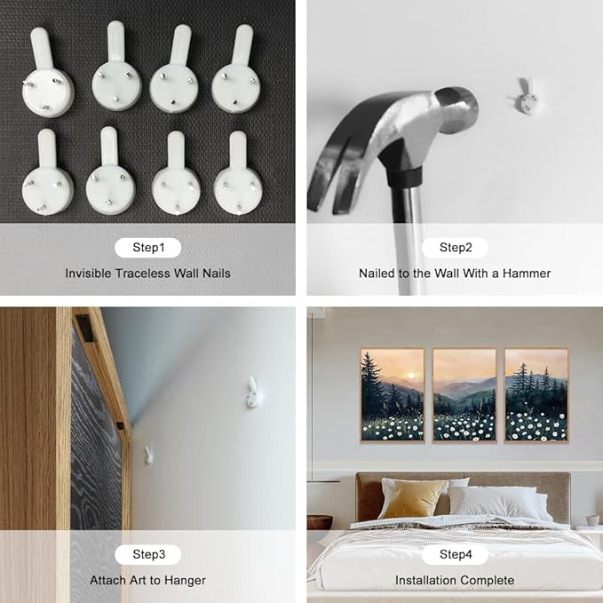 KAIRNE 3 Piece Framed Mountain Landscape Wall Art with Daisies, Sunset Forest and Misty Pine Tree Canvas Prints, Nature Scenery Home Decor for Living Room, Bedroom, Office, 16x24inch