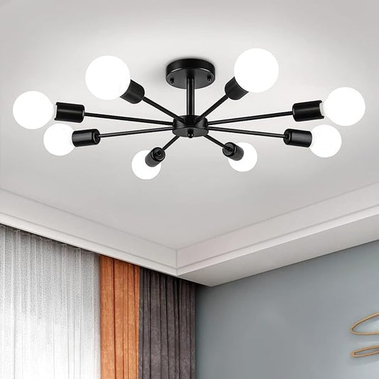 23.62'' Semi Flush Mount Ceiling Light, 8-Lights Modern Chandelier Black Living Room Light, Sputnik Light Fixtures Chandelier for Bedroom Kitchen Study Office