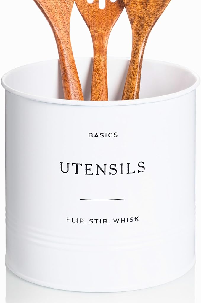 D'Lifeful Kitchen Utensil Holder for Countertop - 7" x 7" Large Utensil Holder for Kitchen Counter - Farmhouse Spatula & Cooking Tools Organizer - White Metal Crock for Modern Aesthetics