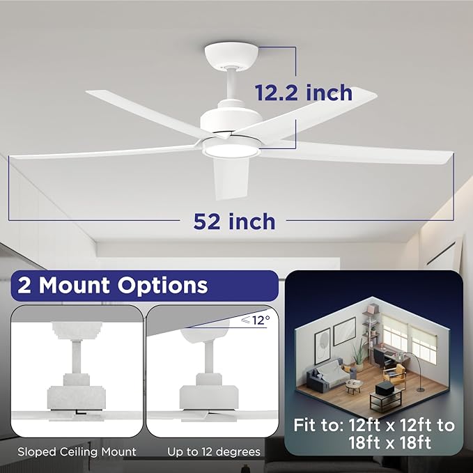 ocioc Ceiling Fans with Lights, 52 inch White Ceiling Fan with Light and Remote Control, 3CCT, Quiet DC Motor, 5 Blades Modern Ceiling Fan for Living Room Indoor/Covered Outdoor
