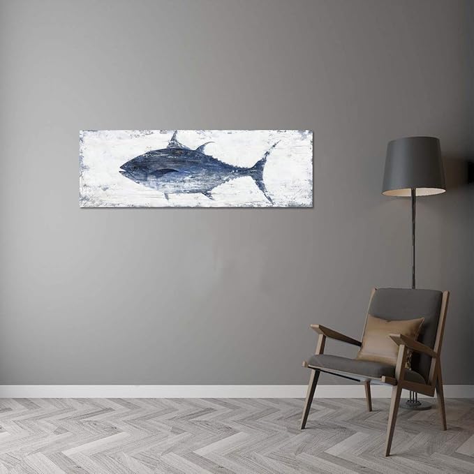 Yihui Arts Vintage Blue Tuna Coastal Wall Art: Rustic Nautical Decor for Beach-Inspired Spaces