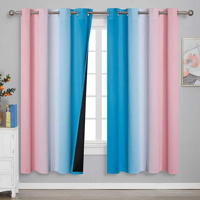 Estelar Textiler Ombre Pink and Blue Blackout Curtains 72 Inch Length 2 Panels, Full Light Blocking Curtains for Bedroom, Grommet Thermal Insulated Gradient Drapes for Living Room, 52x72 Inch