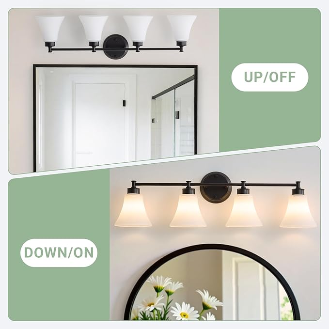 LOUSACE 4 Light Bathroom Vanity Light Matte Black Bathroom Lighting Fixtures Over Mirror with Opal White Frosted Glass Shade, Vintage Traditional Wall Lighting Fixture Vanity Lights for Bedroom