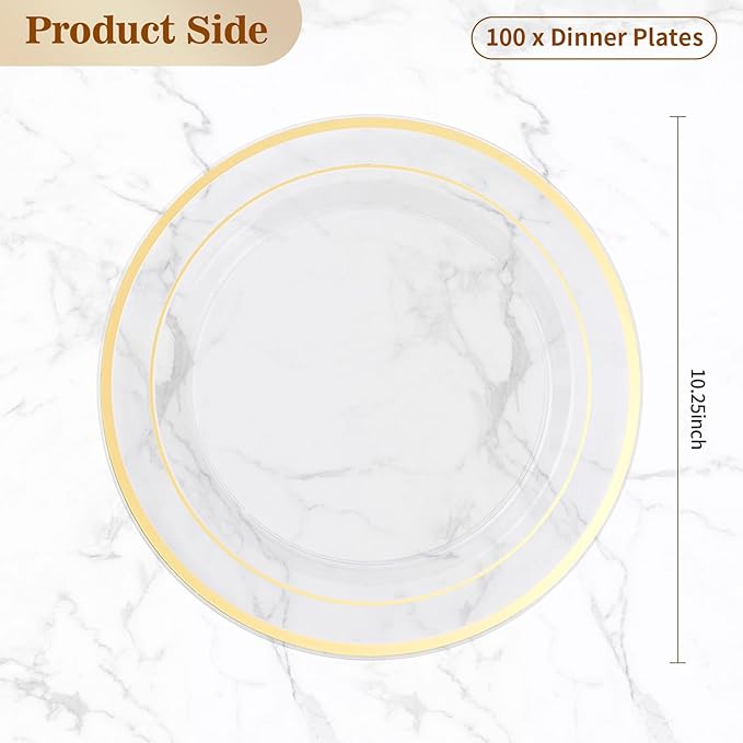 100PCS Clear Plastic Plates, 10.25 Inch Disposable Dinner Plate Party with Gold Rim, Heavy Duty Disposable Plastic Plates for Party, Wedding and Birthday, Christmas, Thanksgiving
