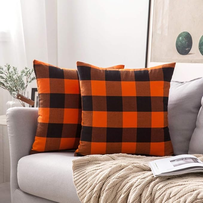 MIULEE Fall Throw Pillow Covers Halloween Decorations Pack of 2 Buffalo Check Farmhouse Plaids Polyester Linen Outdoor Cushion Case for Sofa Couch Orange and Black 18 x 18 Inch 45 x 45 Cm
