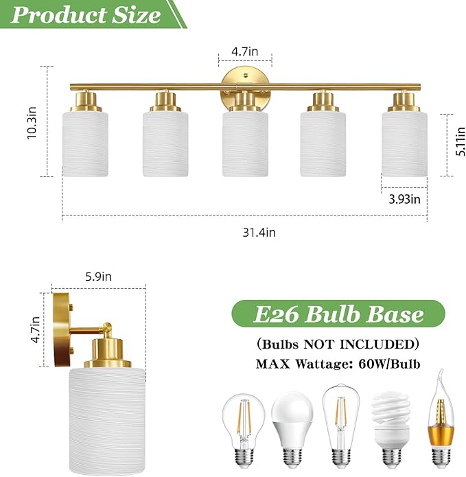 5-Light Vanity Lights, Brushed Gold Bathroom Light Fixture with Striped Textured Milky White Glass Shade, E26 Modern Vanity Lighting Fixture for Bathroom Wall Sconce Light Over Mirror