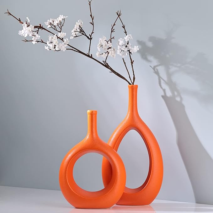 Orange Ceramic Hollow Elliptical Vase Set of 2 - Boho Circle Vase with Hole, for Modern Orange Table Decor, Living Room Decor Shelf mid Century Modern Home Entrance Decorative vase
