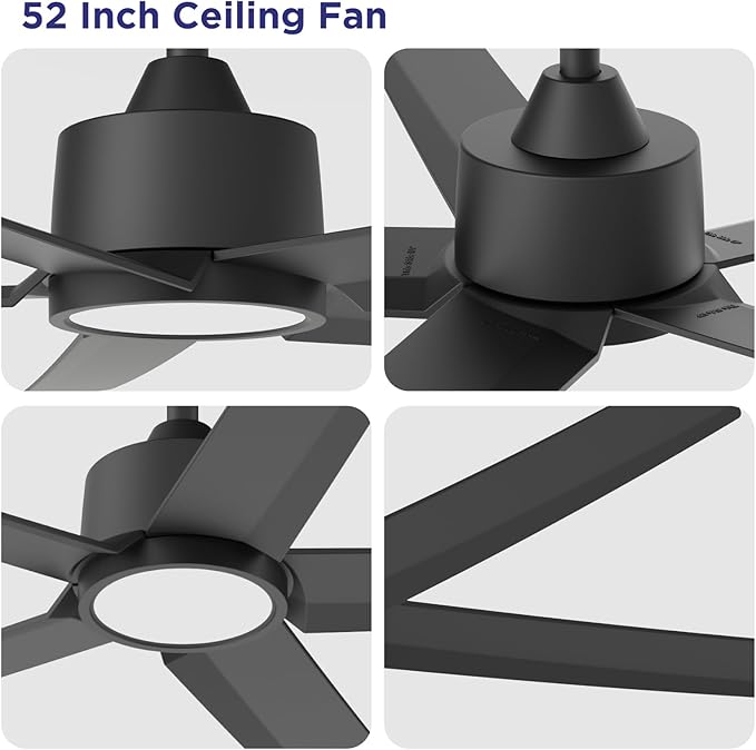 ocioc 52 inch Ceiling Fans with Lights, 2 Pack Black Ceiling Fan with Light and Remote Control, 3CCT, Quiet DC Motor, 5 Blades Modern Ceiling Fan for Living Room Farmhouse Bedroom