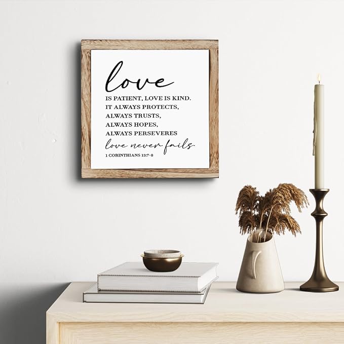 Christian Wood Decor, Master Bedroom Decor, Marriage Gift, Wedding Gift for Couple Wooden Plaques Box Signs 9.8* 9.8, Family Room Decoration, Bible Verse 1 Corinthians 13:7-8 Signs, Love is Patient Signs