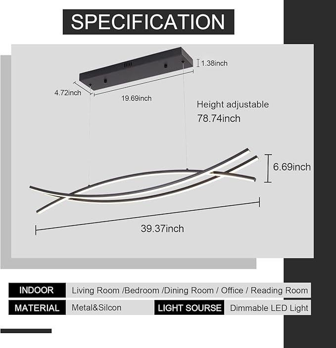 Modern Pendant Light - 39.37" LED Dimmable Chandelier for Kitchen Island & Dining Room, Adjustable Height with Remote