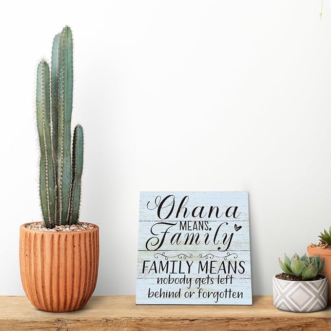 Family Wooden Plaque, “Family Means Nobody Gets Left Behind or Forgotten”, 6.2x6.2 Inch Table Art Sign, Farmhouse Quote Decor for Living Room or Home Tabletop F