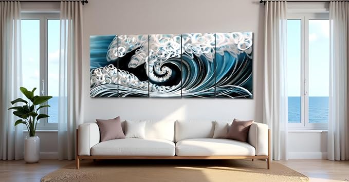 Yihui Arts Handcrafted 3D Metal Wall Art - Ocean Wave Sculpture, 5 - Panel Aluminum Decor for Living Room, Bedroom & Office