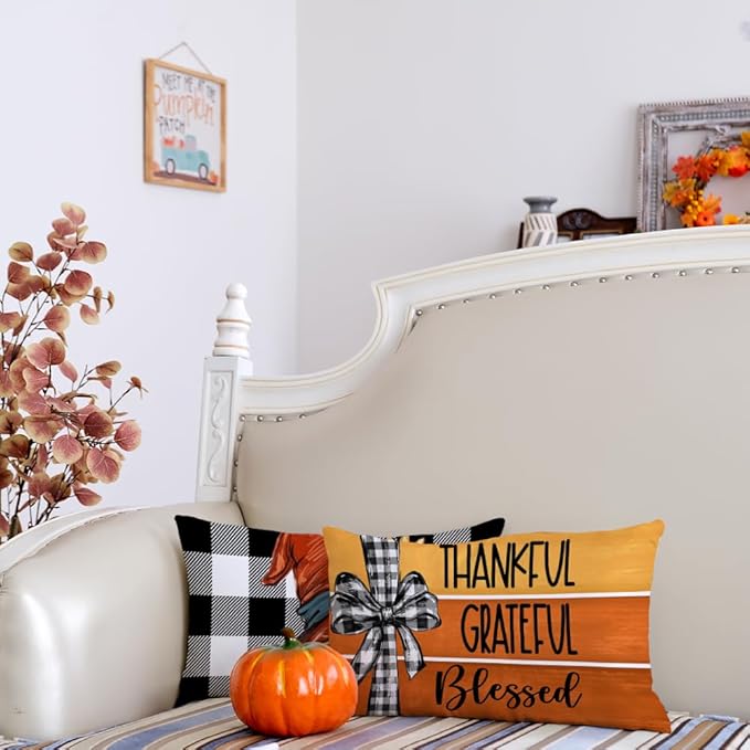 GEEORY Fall Throw Pillow Covers 12x20 Inch Set of 4, Pumpkin Scarecrow Buffalo Plaid Orange Autumn Seasonal Decorative Farmhouse Decoration for Home G563-12
