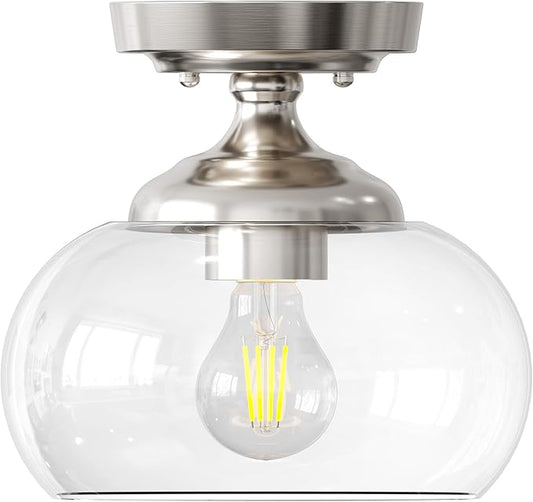 VONLUCE Industrial Semi Flush Mount Ceiling Light, 8.3" Ceiling Light Fixture with Clear Glass Shade, Farmhouse Lighting for Hallway Kitchen Bedroom Entryway, Brushed Nickel Flush Mount Light Fixture