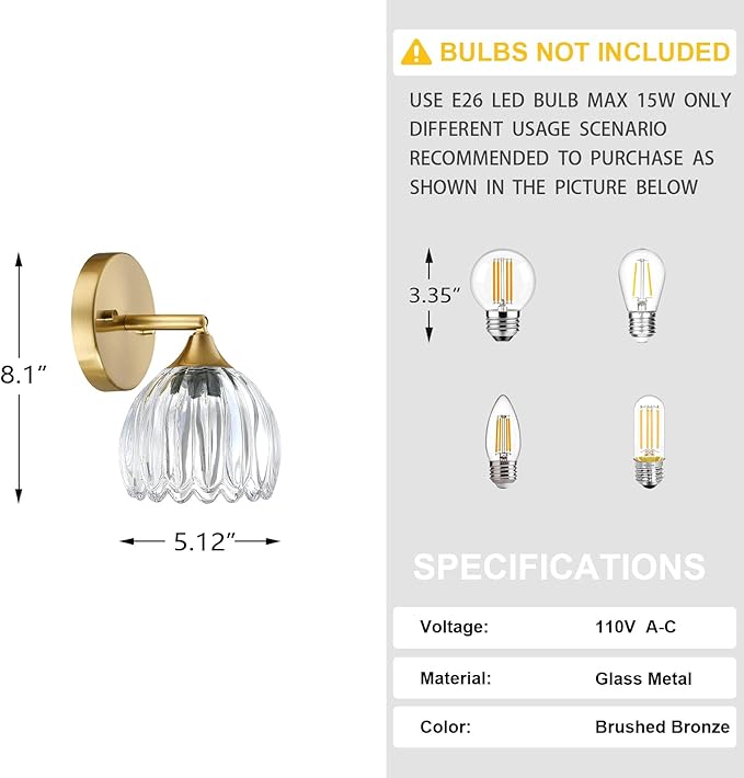 2 Pack 1 Light Vintage Wall Sconces Tulip Clear Glass Lampshade Hradwired Modern Gold Wall Lighting Fixture for Bedside Bedroom Doorway