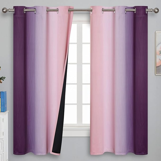 Pink&Purple Curtains 63 Inch Length 2 panels, Full Light Blocking Ombre Blackout Curtains for Kids Room, Thermal Insulated Noise Reducing Gradient Blackout Curtains for Girls boys Bedroom, 42x63 Inch