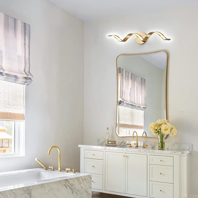 Dimmable Gold Bathroom Light Fixtures, 24 inch Spiral Design Modern LED Bathroom Vanity Lights Over Mirror, 15W Wall Light Fixtures for Living Room Cold White 6000K
