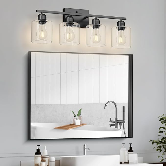 Black Vanity Lights for Bathroom 4 Light, Black Bathroom Light with Clear Glass, Wall Lights for Mirror Living Room Bedroom Hallway E26 Base