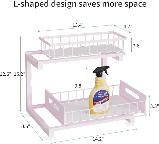 Under Sink Organizer Storage: Adjustable Height, 2 Tier L-Shaped Pull-Out Metal Shelf with Non-Slip Pads & Rust-Resistant Design Maximize Kitchen & Bathroom Cabinet Space