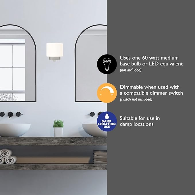 Dove Creek Wall Light Sconce, Satin Nickel Finish, Frosted Glass, Dimmable, for Hallway, Bathroom, Foyer, Bedroom – Design House, 577981