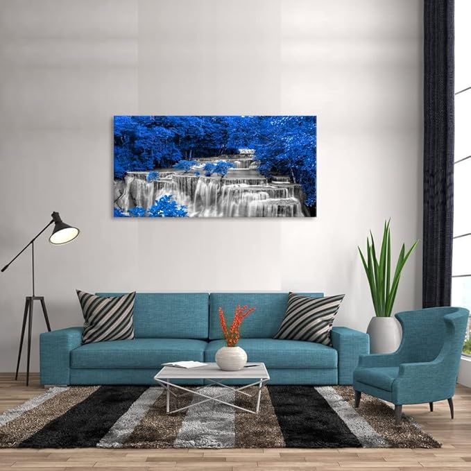 Yxbhhym Large Waterfall Wall Art - Black and White Decor, Blue Trees Scenery Canvas Prints - Landscape Wall Decor, Forest Paintings for Bedroom and Living Room - Framed - 24x48inch