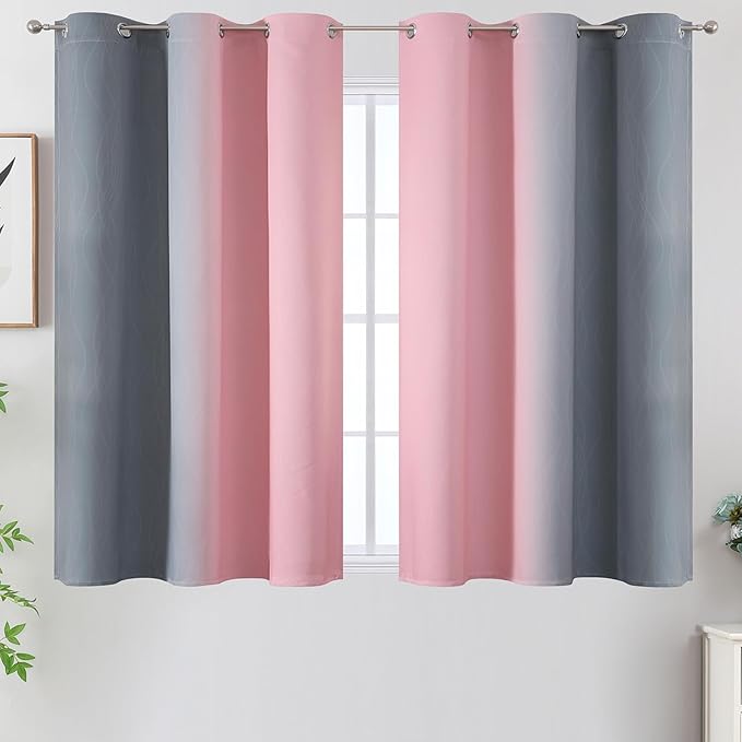 Pink and Grey Blackout Curtains 45 inches Long,Ombre Full Room Darkening Window Curtains for Living Room,Grommet Thermal Insulated Drapes,Light Blocking Curtains for Girls Bedroom,42x45 Inch, 2 Panels