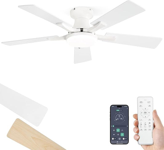 ZMISHIBO 42 Inch Ceiling Fan with Light, App&Remote Control, Flush Mount Low Profile, Dimmable 20W LED Light, Quiet Reversible Motor for Bedroom, Living Room, Apartment, White