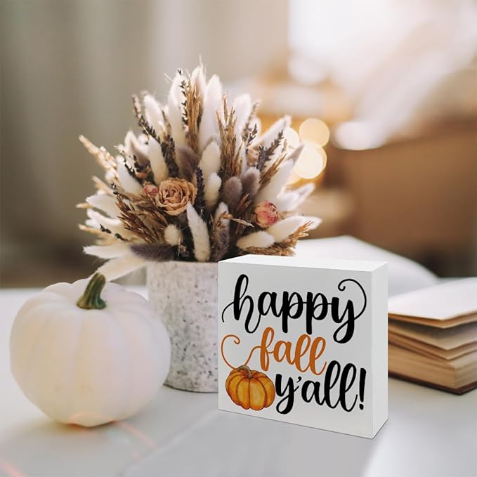 Happy Fall Y'all Sign, Autumn Wooden Box Plaques, Country Style Decoration for Home Farmhouse, Coffee Bar Decors, Table Shelf Decoration, Autumn Gift, Fall Wood Signs A2