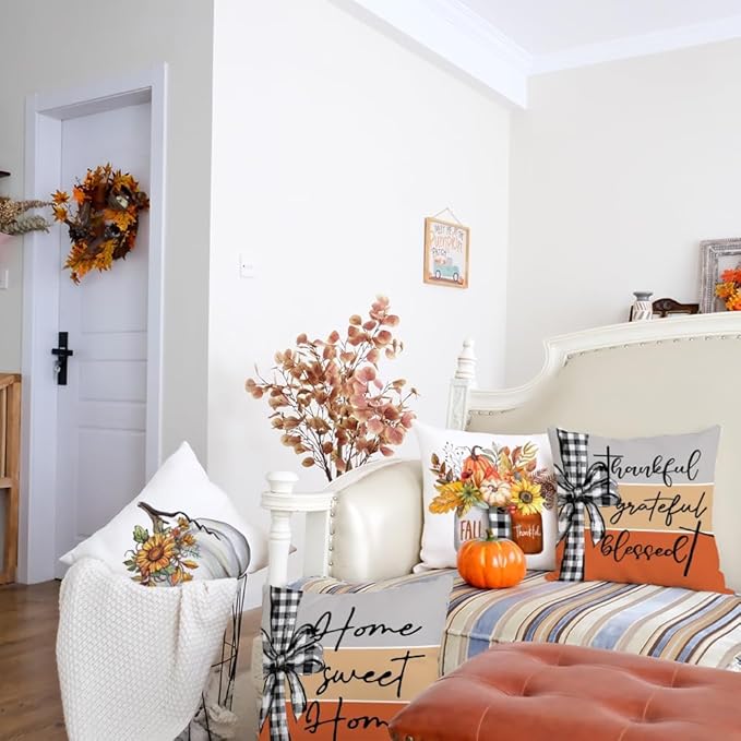 GEEORY Fall Throw Pillow Covers 20x20 Inch Set of 4, Pumpkins Mason Jars Sweet Home Striped Autumn Thanksgiving Seasonal Decorative Farmhouse Decoration (Off-White) G637-20