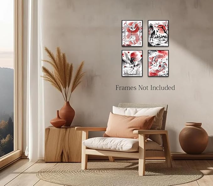 Japanese Wall Art Prints,Japanese Ink Art,Nature Watercolour Art Koi Landscape Canvas Painting Black and Red Posters Prints Pictures for Living Room Home Decor Set of 4("8x10"Unframed)