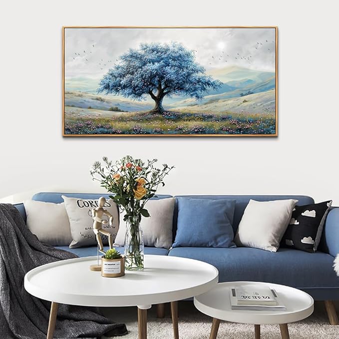 ZUITINGHUA Large Wood Framed Wall Decor For Living Room Canvas Wall Art For Office Modern Wall Decorations For Bedroom Blue Tree Landscape Painting Farmhouse Pictures Artwork Home Decor 24x48 In