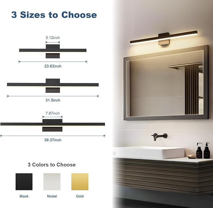 Joossnwell Black Bathroom Light Fixture Over Mirror 5CCT Dimmable Vanity Lights Bar for Bathroom Modern Bath Vanity Light 31.5 Inch Led Bath Lamp ETL Certificated