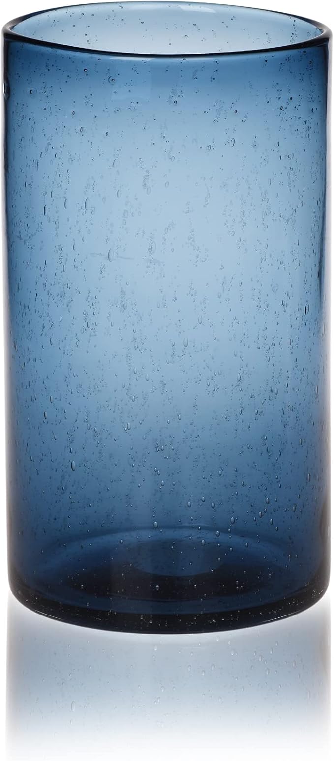 ARIAMOTION Glass Hurricane Candle Holder for Pillar Blue Cylinder Vase Flower Centerpiece Seeded Bubbles Modern Table Decoration for Kitchen Living Room 8 Inch 5 inch Diam