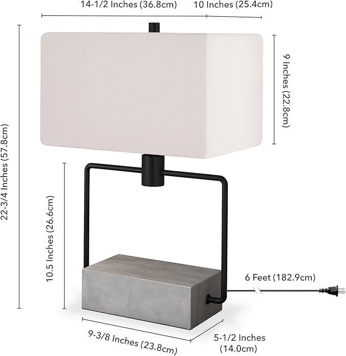 Henn&Hart 22'' Modern 1-Light Table Lamp with White Fabric Rectangle Shade for Living Room, Bedroom, or Office, Concrete/Blackened Bronze