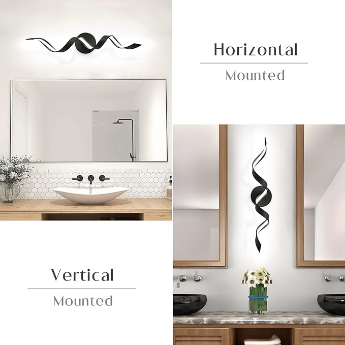 Modern LED Bathroom Vanity Lights, 24inch Dimmable Black Bathroom Lighting Fixture Over Mirror 15W Spiral Design LED Wall Light Fixtures 6000K